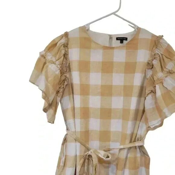 Who What Wear Women's Tan & White Cotton Large Gingham Checked Lined Dress w Ruf - Picture 5 of 14